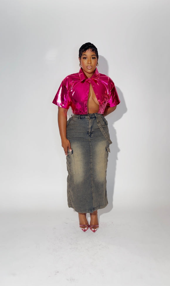 Pink front leather crop top