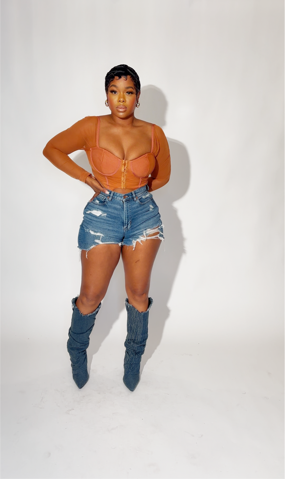 Back to school Final sale! Burnt orange corset sheer top